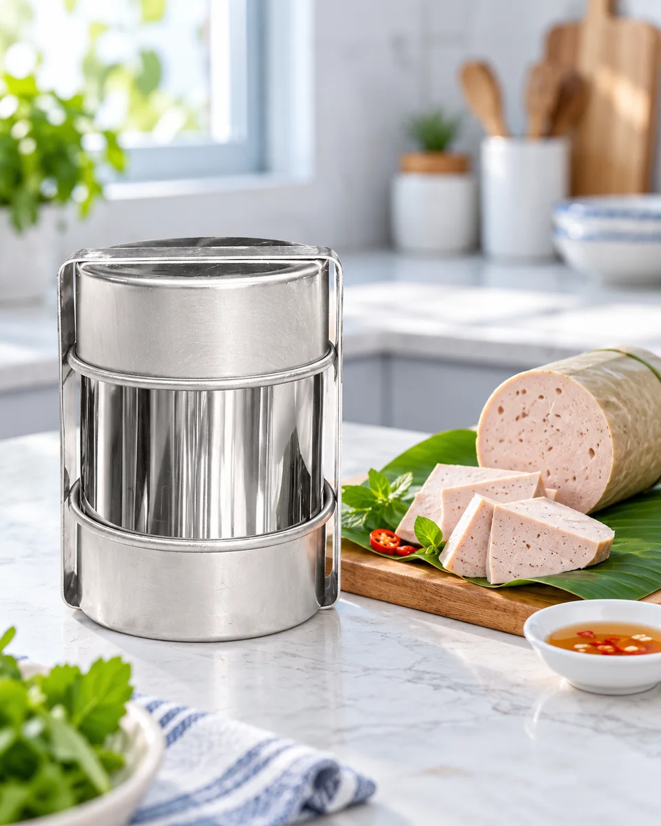 Minh họa AI khuôn giò và giò thái lát trong căn bếp